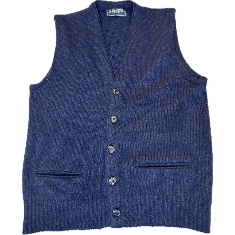 Vintage Robert Bruce Cardigan Sweater Vest Mens M Blue Knit Preppy Wool Made USA